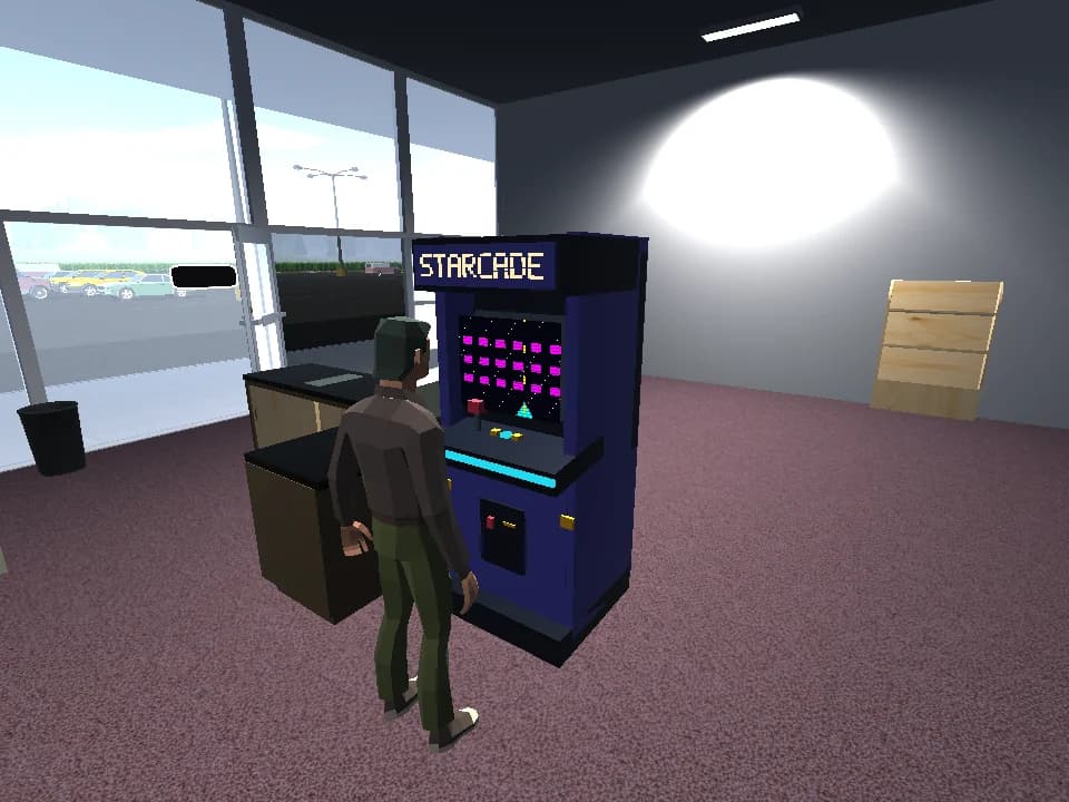 Development screenshot of a customer playing a Starcade cabinet inside the store