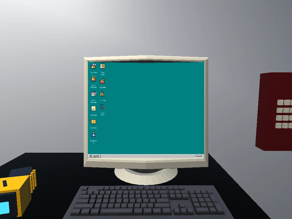 Development screenshot of the in-game CRT computer with store management applications