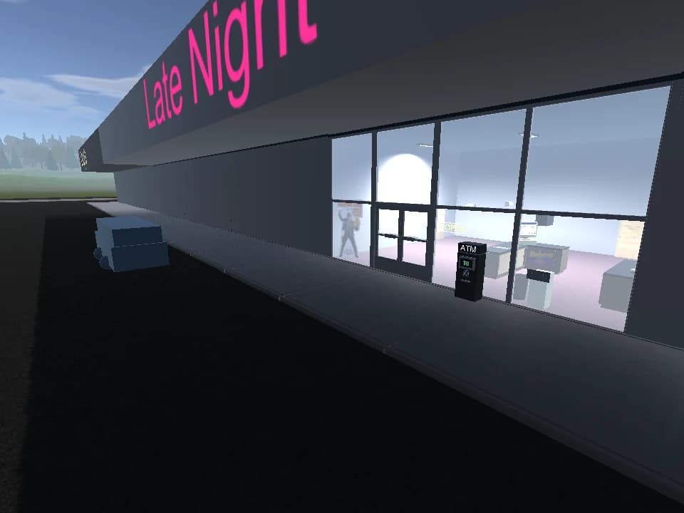 Development screenshot of the video store’s glass frontage, neon sign, and return cabinet